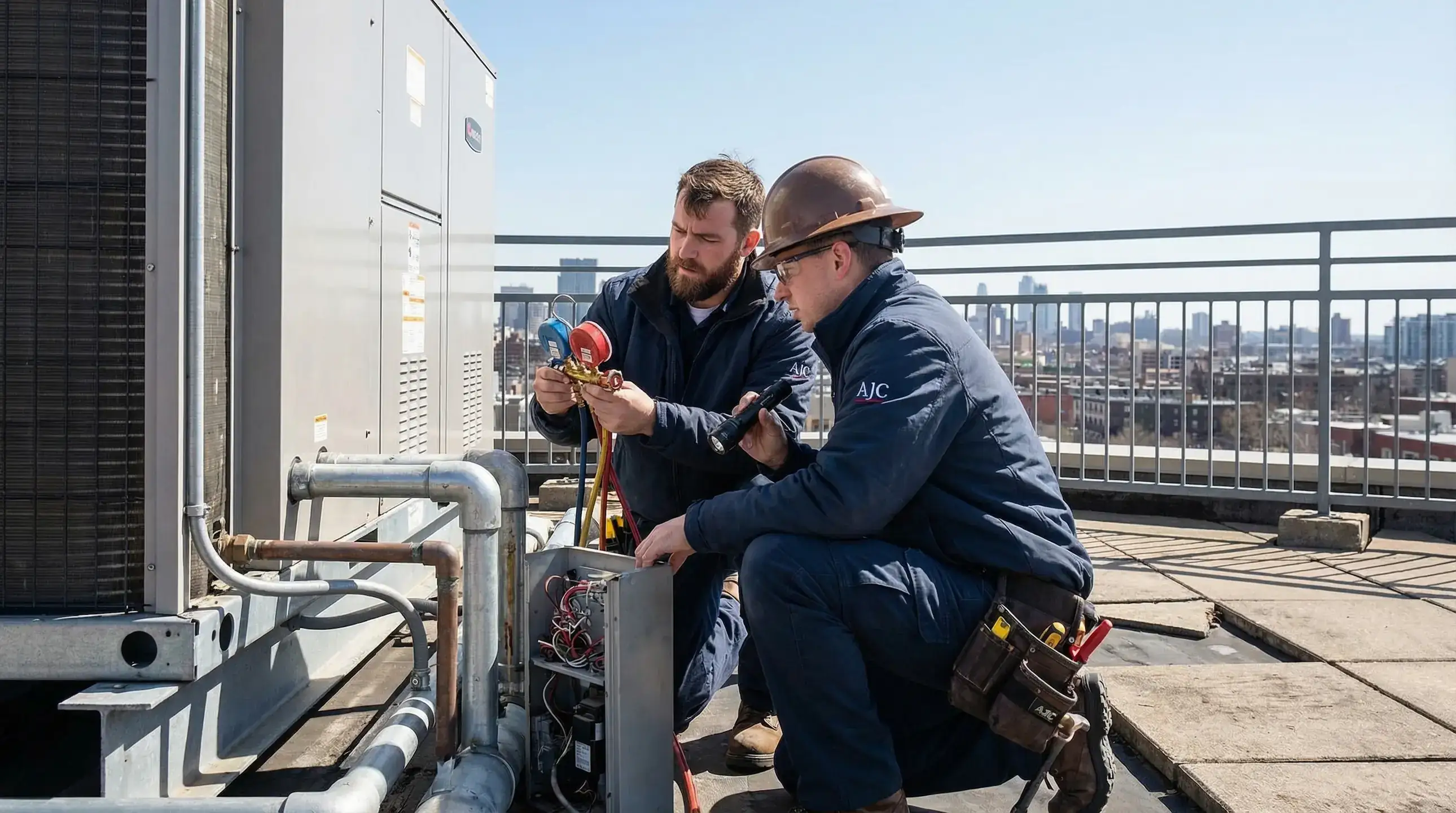 HVAC technicians servicing rooftop condensing unit