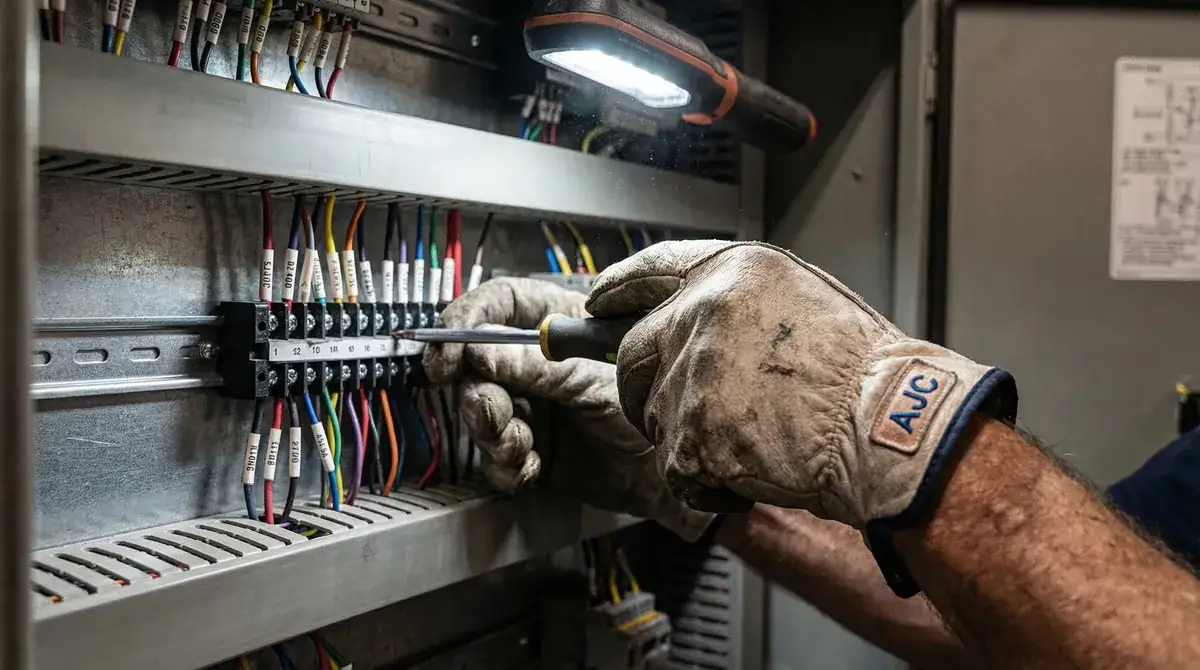 Technician wiring HVAC electrical control panel