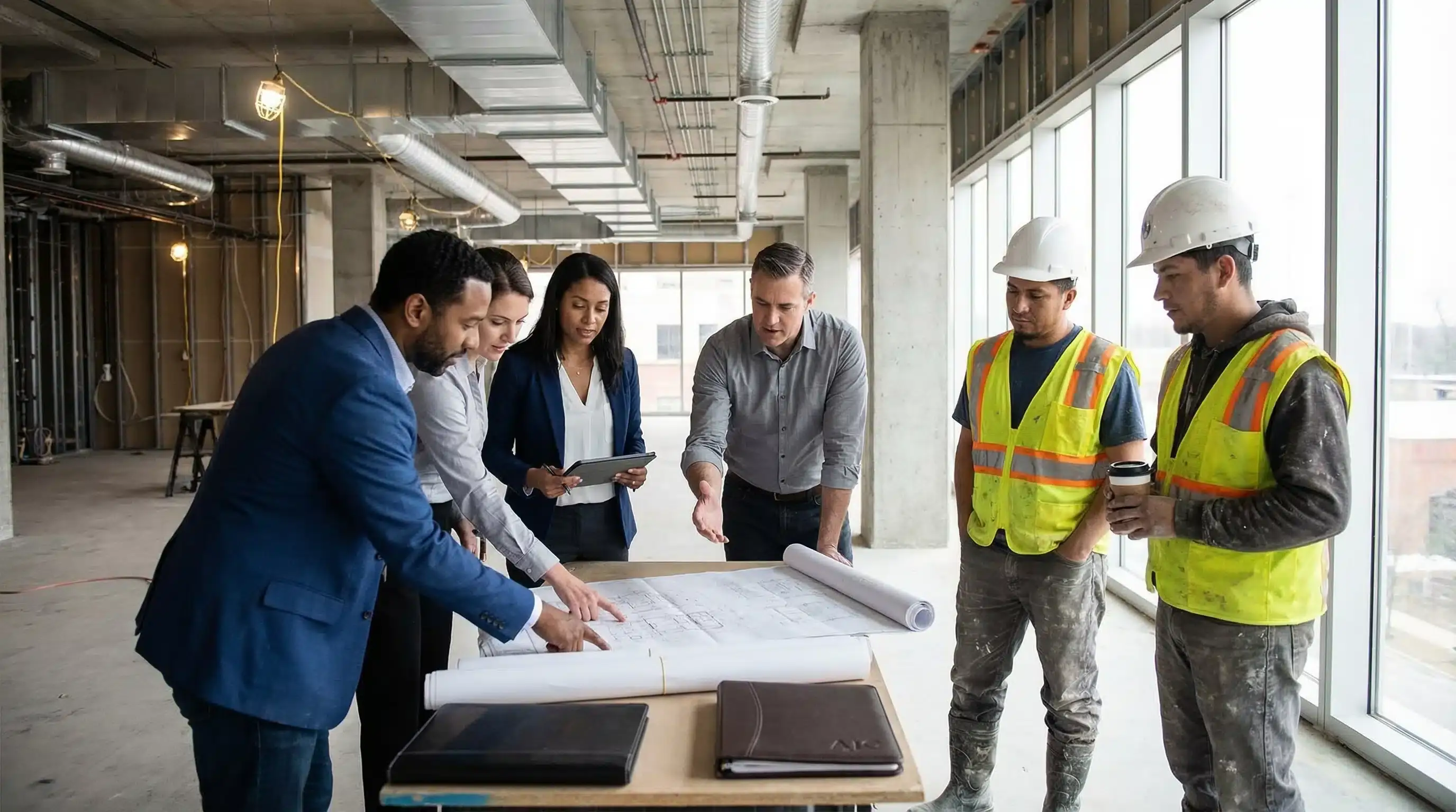 Engineers and contractors reviewing HVAC blueprints on construction site